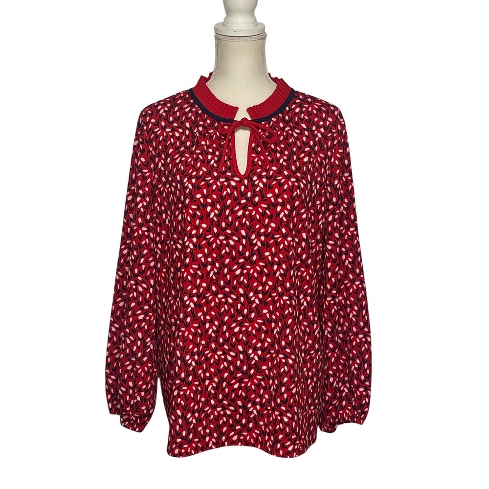 Talbots Plus Red White Blue Pleated Neck Floral Blouse Women's 1X
